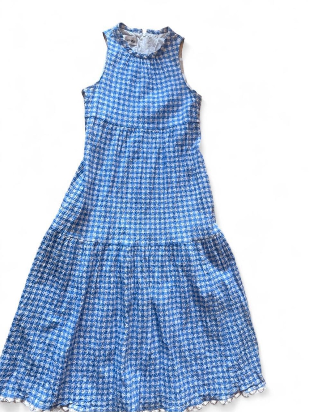 Sara Campbell Blue Houndstooth Tiered Sleeveless Dress
